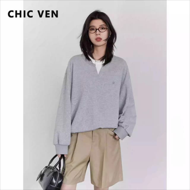 Sudaderas coreanas CHIC VEN para mujer, sudadera holgada informal con empalme de contraste, camiseta para mujer, jersey para primavera y otoño 2025