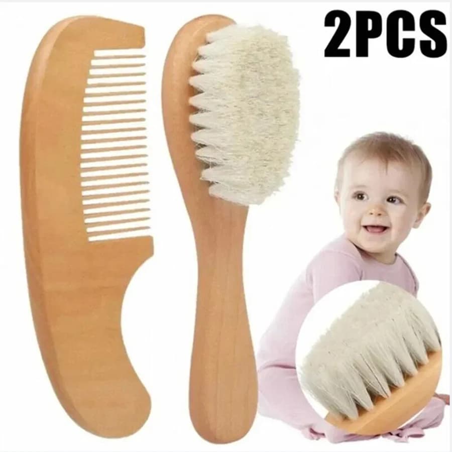 Juego de peines para bebé, cepillo para el pelo para el cuidado del bebé, peine de madera de lana suave de haya, masajeador para recién nacido, Baby Shower y regalo, calmante, 2 uds.