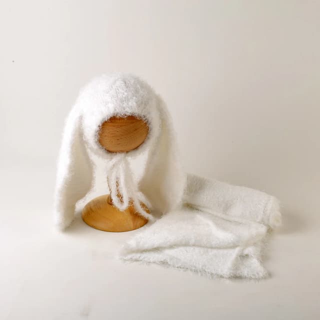 Conjunto de gorro de conejito y envoltura peluda elástica de punto Vintage, accesorio de fotografía para recién nacido, gorro envolvente de Mohair de ganchillo, sesión de fotos