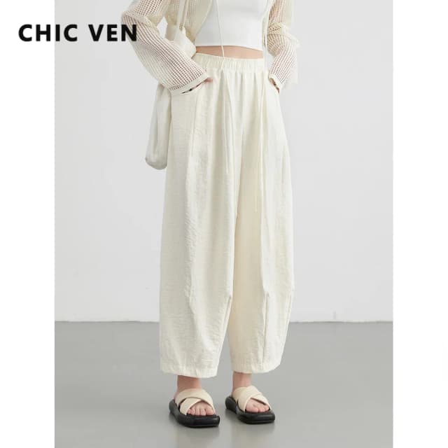CHIC VEN-pantalones blancos para mujer, pantalón liso informal, cintura elástica, cintura alta, plisado, pierna ancha, ropa plegable de verano 2025