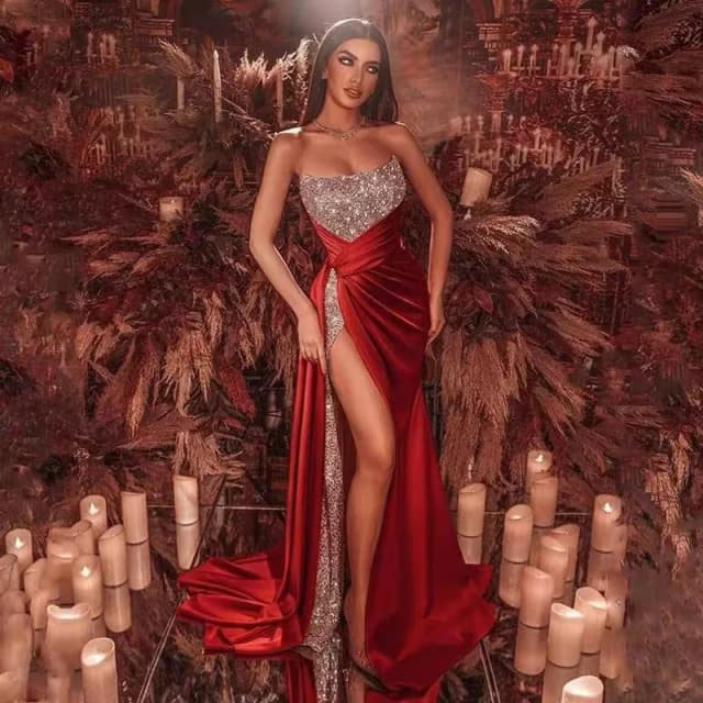 Vestido de fiesta de lentejuelas sin tirantes para mujer, vestido de Gala con abertura, vestido de gran tamaño, ropa de cóctel de fiesta de noche elegante, Sexy