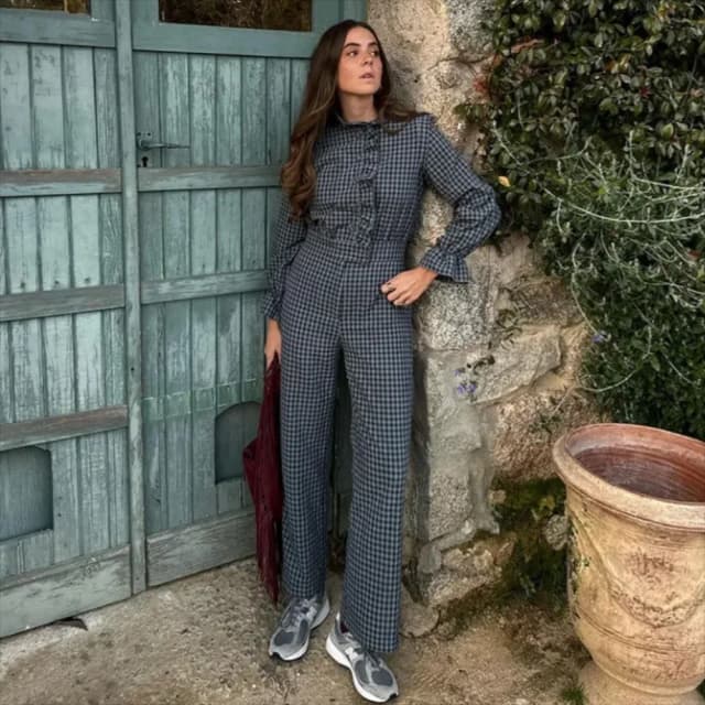 PB & ZA 2024 primavera nueva moda mujer temperamento casual versátil manga de burbuja mono largo a cuadros