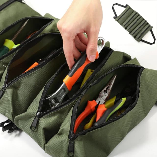 Bolsa de Herramientas Enrollable Multiusos de Lona, Organizador de Herramientas para Auto, Botiquín de Primeros Auxilios, Almacenamiento, Resistente, Portátil, con Múltiples Bolsillos con Cremallera