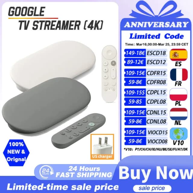 Google TV Streamer 4K Porcelain/Hazel, supporta fino a 4K, HDR e tecnologia Dolby Vision, dispositivi smart home, caricatore USA