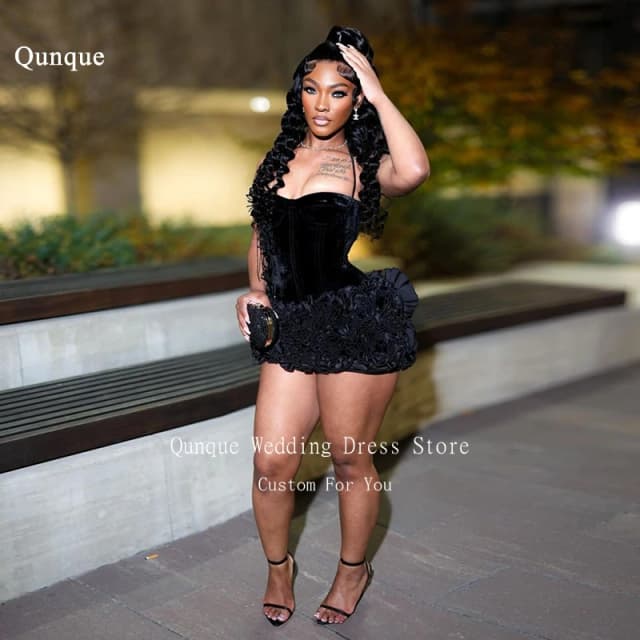 Qunque-Vestidos De graduación negros Para Mujer, Mini vestido De cumpleaños De terciopelo De lujo, Vestidos escalonados con volantes Para Mujer De Noche personalizados