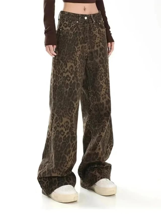 Vaqueros con estampado de leopardo vintage americano para mujer Otoño Invierno nuevo diseño sentido pequeño mono de tubo recto pantalones casuales
