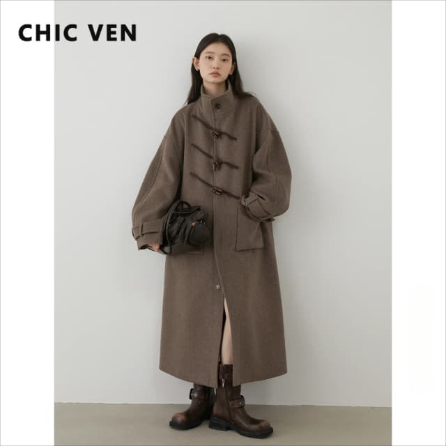 CHIC VEN-abrigos largos de lana para mujer, abrigo holgado con un solo pecho y cuello levantado, abrigo de oficina abotonado con cuerno de vaca para Otoño e Invierno 2024