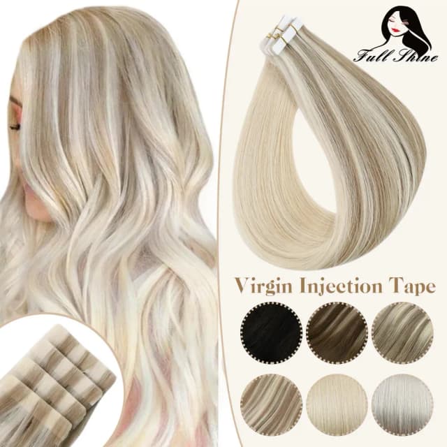 Extensiones de cabello humano virgen con inyección de brillo completo, cinta de trama de piel de PU en Color rubio, virgen Invisible sin costuras, 5 uds. Para probar