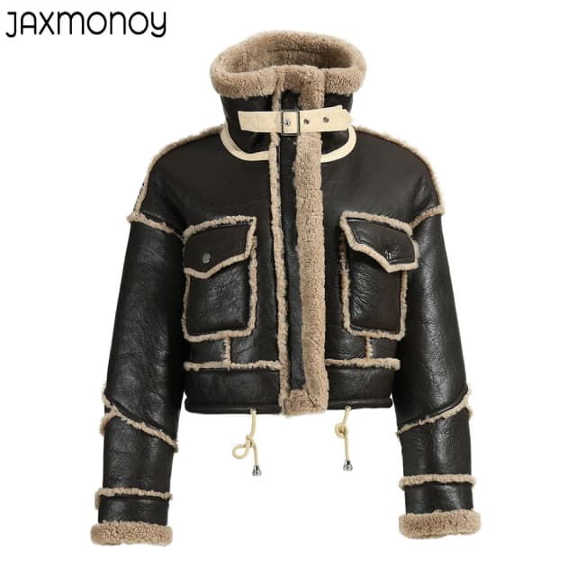 Jxwatcher-chaquetas de piel auténtica de cordero para mujer, abrigos de doble cara para invierno, Chaqueta corta gruesa y cálida de cuero genuino, novedades de 2022