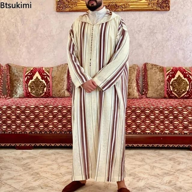 Nueva ropa musulmana Jubba Thobe, Sudadera con capucha para hombre, Ramadán, primavera y otoño, Abaya, Dubái, Turquía, ropa islámica, informal, holgada, Raya Roja