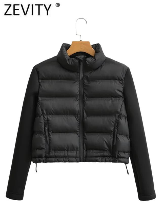 ZEVITY, Chaqueta de algodón acolchada de retazos de manga larga con cuello levantado a la moda para mujer, abrigo para mujer, prendas de vestir exteriores elegantes con cremallera, Tops cortos CT5817