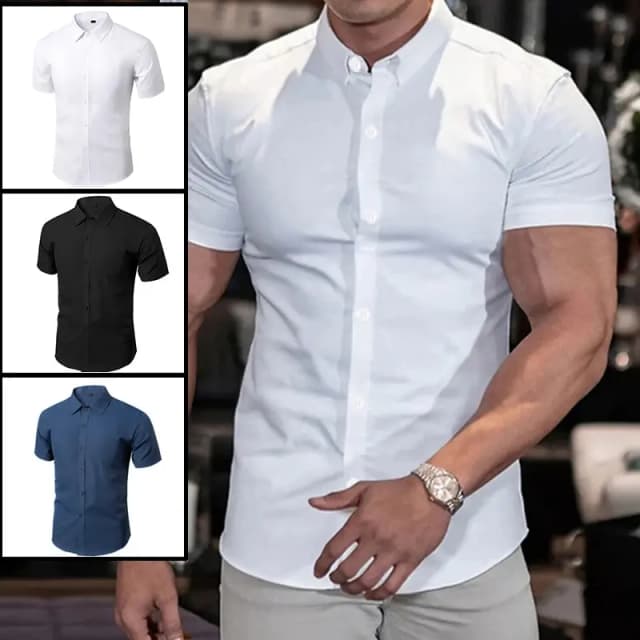 Camisa de Color liso para hombre, traje informal elegante sin planchar, XL-XXXL corta, negro, blanco, azul marino, novedad de verano