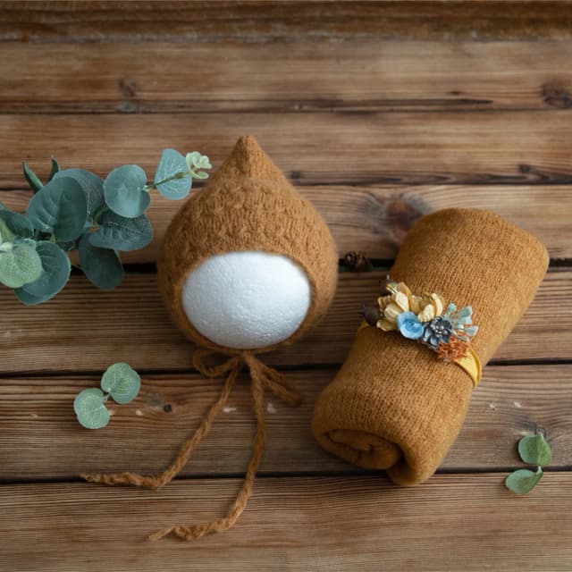 Conjunto de gorro y diadema de punto elástico de Mohair para recién nacido, accesorios de fotografía, Jersey para bebé, manta envolvente, capa de tela para bebé