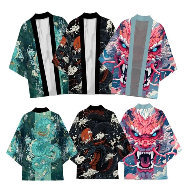 Kimono samurái tradicional japonés para hombres y mujeres, cárdigan holgado verde con estampado de dragón de Anime, camisa Coaplay Harajuku Haori de manga 3/4