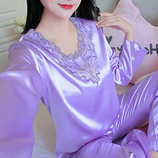 2 unids/set de pijamas para mujer, conjunto de camisón sedoso de manga larga con cuello en V, Color sólido, suelto, de encaje para dormir, de talla grande, para dormitorio