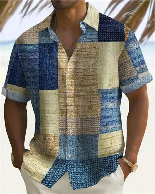 Camisa de manga corta con solapa abotonada y estampado 3D de bloques de Color para hombre, Top de playa hawaiano de alta calidad, talla grande 5XL, 2024