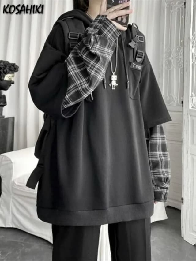 KOSAHIKI-Sudaderas con capucha falsas de dos piezas para hombre y mujer, Sudaderas con capucha de gran tamaño con manga a cuadros y retales, Sudaderas Harajuku Grunge Moletom