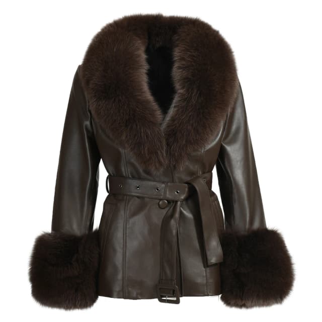 Jaxmonoy-gabardina de cuero genuino con cuello de piel de zorro Real para mujer, abrigo de piel de oveja para mujer, ropa de abrigo femenina, moda de otoño e invierno