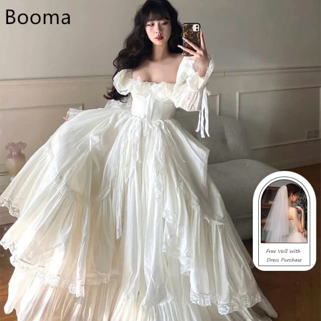 Booma-vestidos de novia sencillos de corte en A, vestido de novia con lazo de manga larga hasta el suelo de encaje hecho a medida 2025