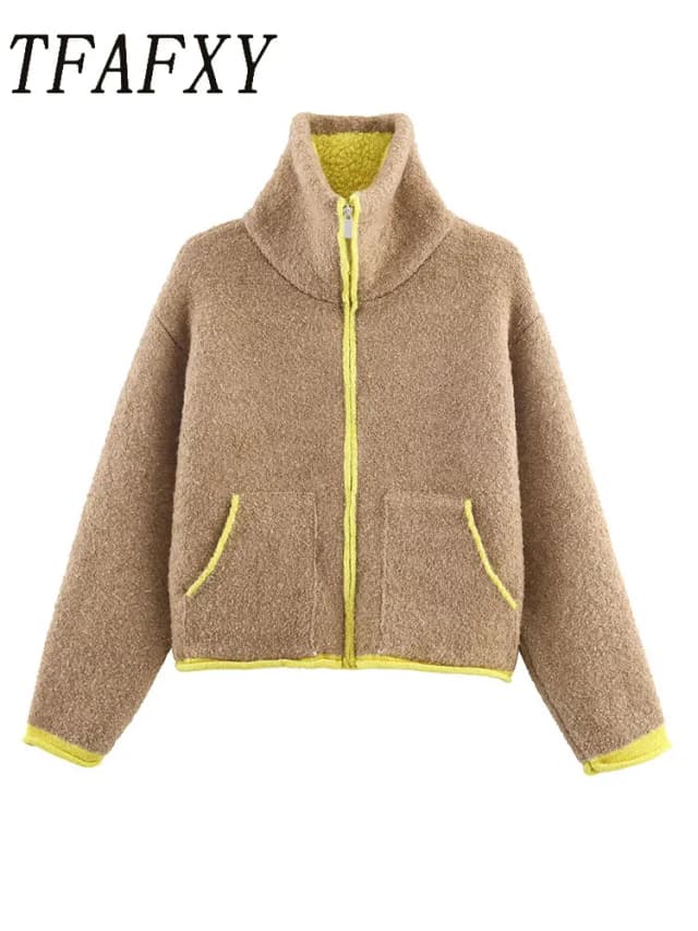 TFAFXY, chaqueta cárdigan para mujer, Otoño Invierno, tejido, cuello alto, manga larga, franjas de diferente Color, abrigo suelto con cremallera, Top informal para mujer ﻿