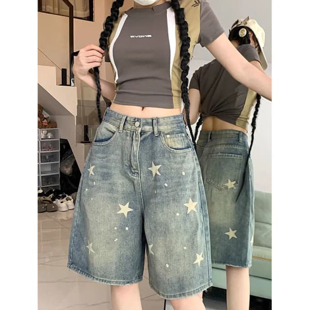 Pantalones vaqueros cortos Vintage de estilo americano para mujer, pantalones vaqueros de pierna ancha lavados de cintura alta, pantalones cortos hasta la rodilla de estrella antigua a la moda para mujer