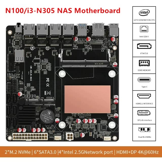 Placa base NAS N100 N150 i3-N305 N355 de 6 bahías Intel 4x i226-V 2,5G LANs 2 * NVMe 6 * SATA3.0 DDR5 Mini placa base ITX PCIex1 tipo C
