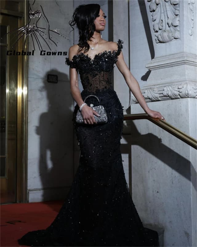 Vestidos de fiesta negros a medida 2025, vestido de fiesta de cristal de danza matric sudafricana de lujo, vestidos de noche largos de sirena personalizados