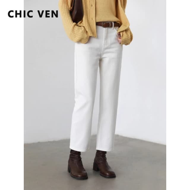 CHIC VEN pantalones de mujer blancos ajustados de cintura alta de algodón pierna recta Casual pantalones vaqueros de pierna delgada pantalones de niña primavera otoño 2025