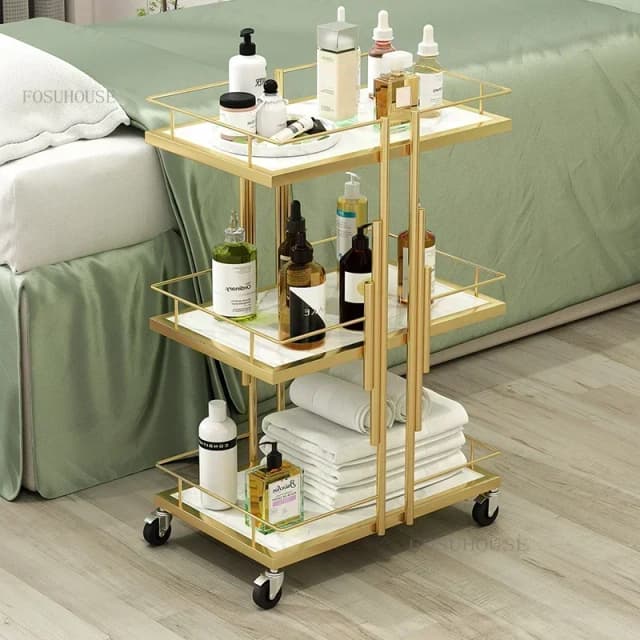 Carros de salón de hierro dorado europeo, carro auxiliar con ruedas, muebles de salón modernos para salón de belleza, carro de herramientas profesional