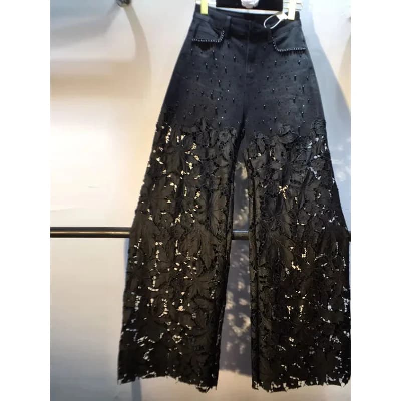 Verano nuevo bordado pesado Rhinestone Denim Patchwork gancho flor encaje hueco pierna recta pantalones de pierna ancha Casual cintura alta...