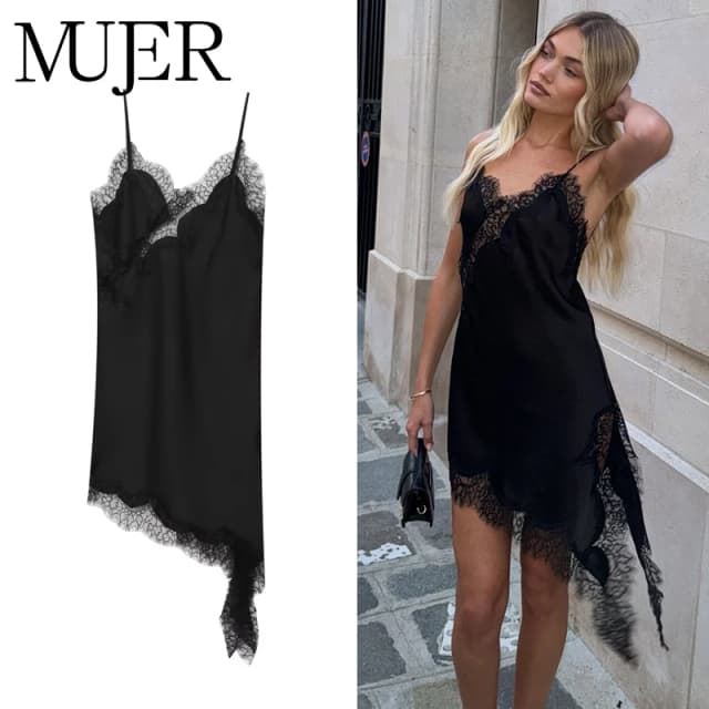 MUJER 2025 vestido de encaje para mujer, vestidos cortos negros con espalda descubierta para mujer, vestido asimétrico de fiesta de verano para mujer, vestidos sexis de satén