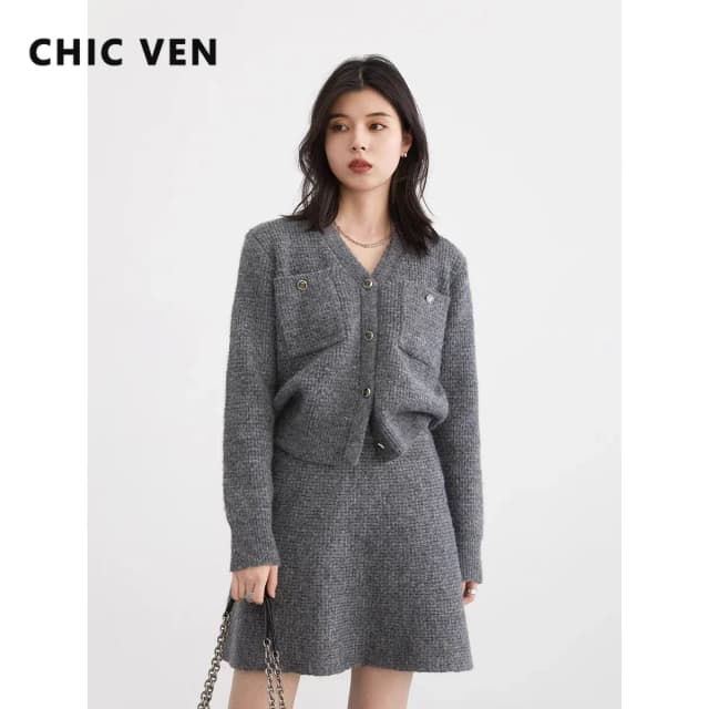CHIC VEN-cárdigan de punto para mujer, suéter informal suelto, falda de línea a elástica, ropa de primavera y otoño, 2024