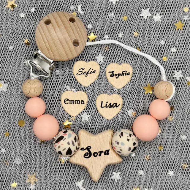 Chupete de madera con nombre personalizado para bebé, Clip de cadena, cuentas de silicona, soporte para pezones, colgante mordedor para bebé, regalo para recién nacido, 1 ud.