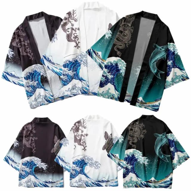 Kimono japonés para hombres y mujeres, carpa ondulada, abrigo con estampado 3D, cárdigan Haori tradicional verde, ropa de playa negra japonesa