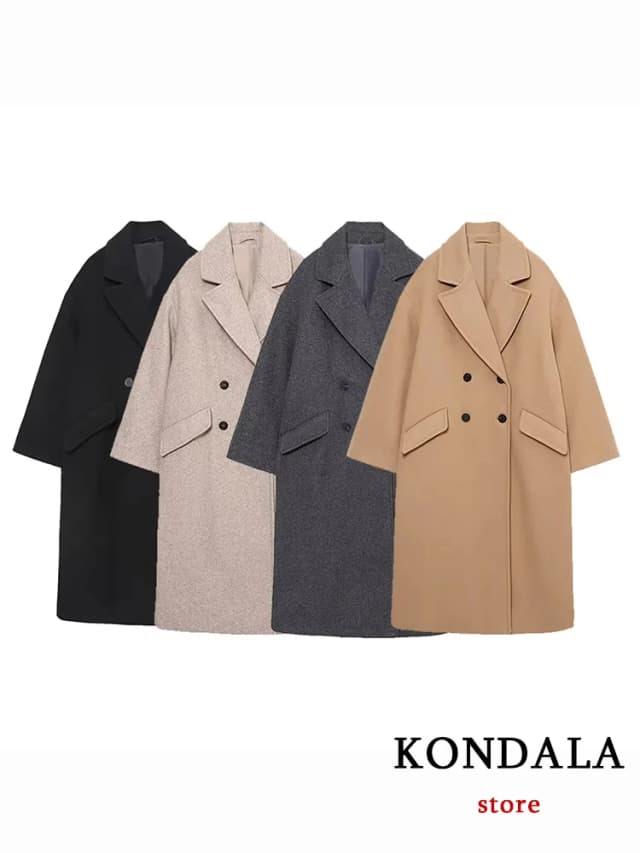 TRAFZA, abrigos largos gruesos de otoño e invierno para mujer, chaquetas Vintage con cuello de pico y bolsillos de manga larga, abrigos elegantes a la moda para mujer 2024