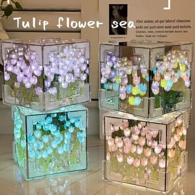 Lámpara de cubo con espejo de tulipán DIY, flor de simulación, lámpara de mesa para dormir para dormitorio, artesanía hecha a mano, espejo de tulipán, luz nocturna, regalos de cumpleaños