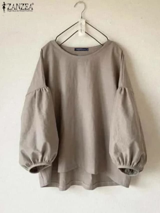 ZANZEA Vintage-Camisa de manga larga para mujer, blusa de cuello redondo, Túnica lisa, Tops informales holgados, elegante, Blusas de trabajo de gran tamaño