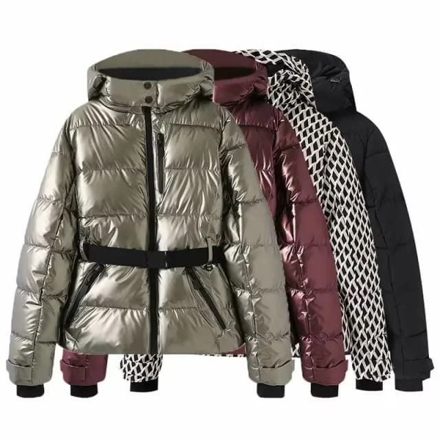 Parkas deportivas acolchadas de cintura alta con capucha para mujer, abrigos con cinturón, chaquetas de esquí a prueba de viento con bolsillos gruesos y cálidos elegantes para invierno