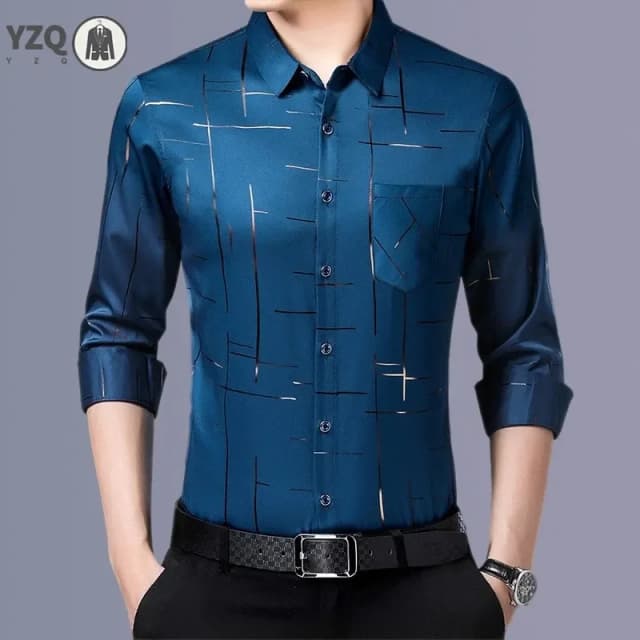 Camisa estampada de manga larga informal y de moda para hombre, top de negocios sin planchar y resistente a las arrugas