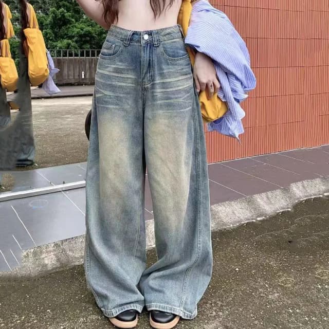 Primavera otoño Vintage Chicly botón Jeans mujeres americano Simple holgado pantalones vaqueros de cintura alta lavados Y2K pantalones vaqueros de pierna ancha