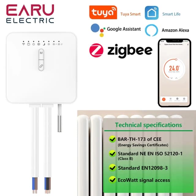 Termostato inteligente Tuya ZigBee para radiador de calefacción de cable piloto, compatible con monitoreo de electricidad Ecowatt, Control remoto, Alexa y Google