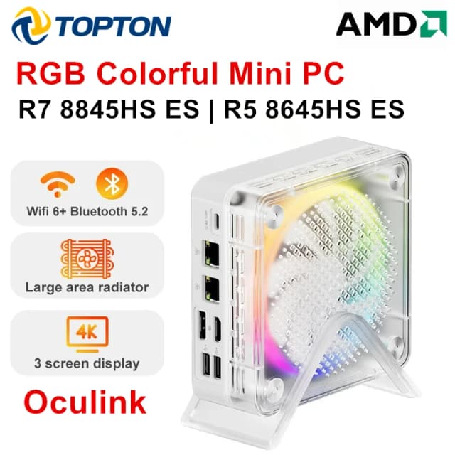 Topton MINIPC AMD Ryzen 7 8845HS ES R5 8645HS ES Oculink Mini PC RGB Color Gamer Windows 11 WiFi 6 2x2,5G LAN USB4.0 4K ordenador