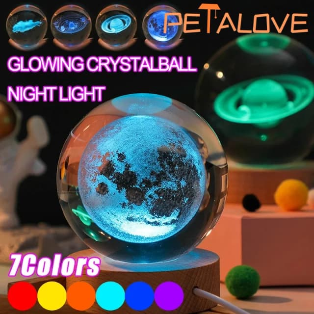 Bola de cristal LED luz nocturna colorida 3D sistema Solar Saturno Luna lámpara de mesa USB dormitorio atmósfera lámpara para regalo de cumpleaños para niños