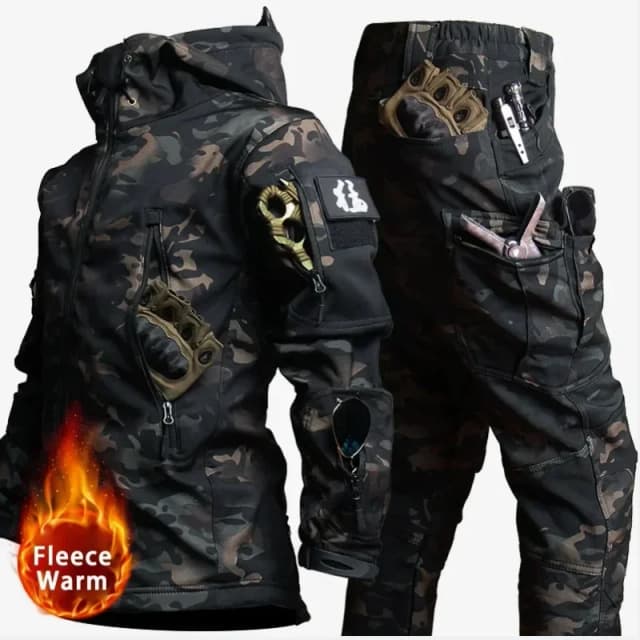 Nuevos conjuntos cálidos de lana de camuflaje, chaqueta táctica de concha suave para invierno, pantalón Cargo, traje de caza impermeable con múltiples bolsillos para exteriores