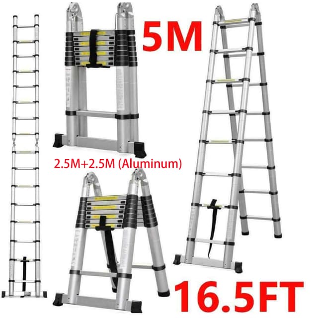 Escaleras Plegables de 5M / 2.5M+ 2.5M, Tipo A, de Aluminio, Extensibles, 16 Peldaños, Capacidad Máxima de 150 kg Escalera Multiusos de Gran Capacidad