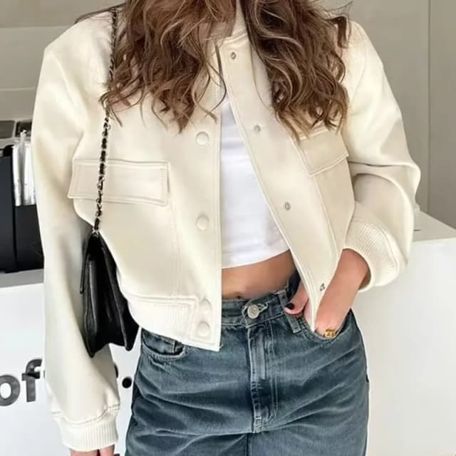 Chaqueta Bomber para mujer, abrigo blanco con botones para otoño e invierno, chaquetas recortadas de aviador de béisbol para mujer, prendas de vestir exteriores cortas de manga larga 2024