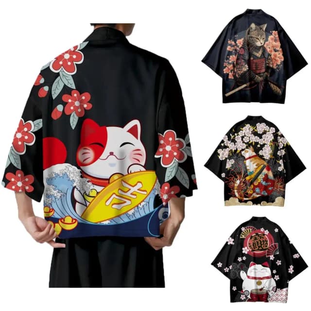 Kimono japonés con estampado de samurái de gato Sakura para hombres y mujeres, cárdigan Haori, disfraz tradicional, capa holgada de manga corta, S-3XL