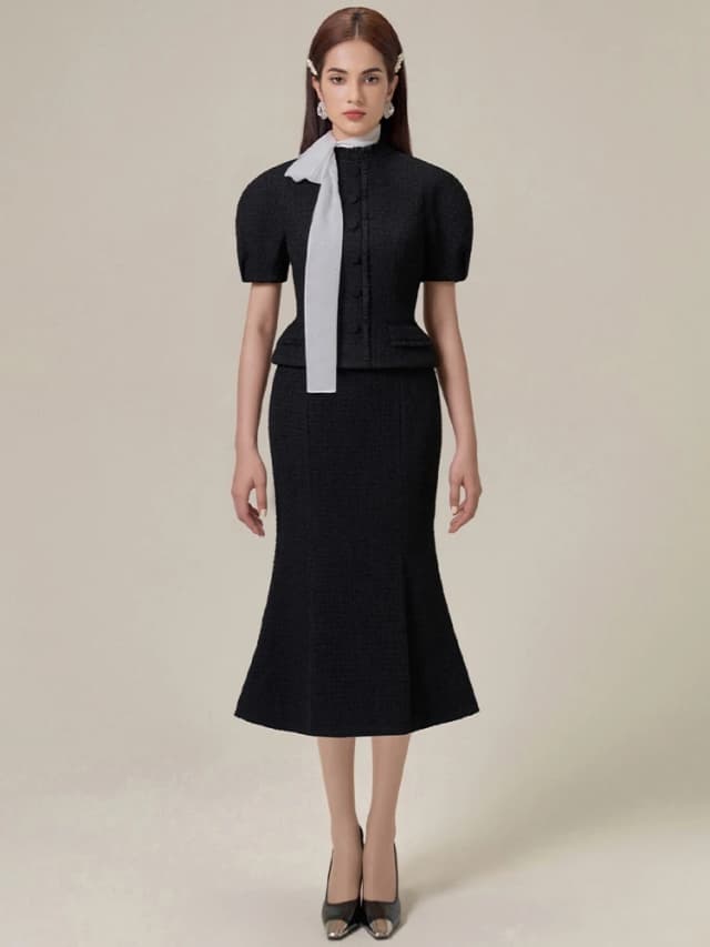 Tailor Shop Retro Slim y clásico negro Tweed de invierno Top de lujo ligero y falda de cola de pez traje semiformal