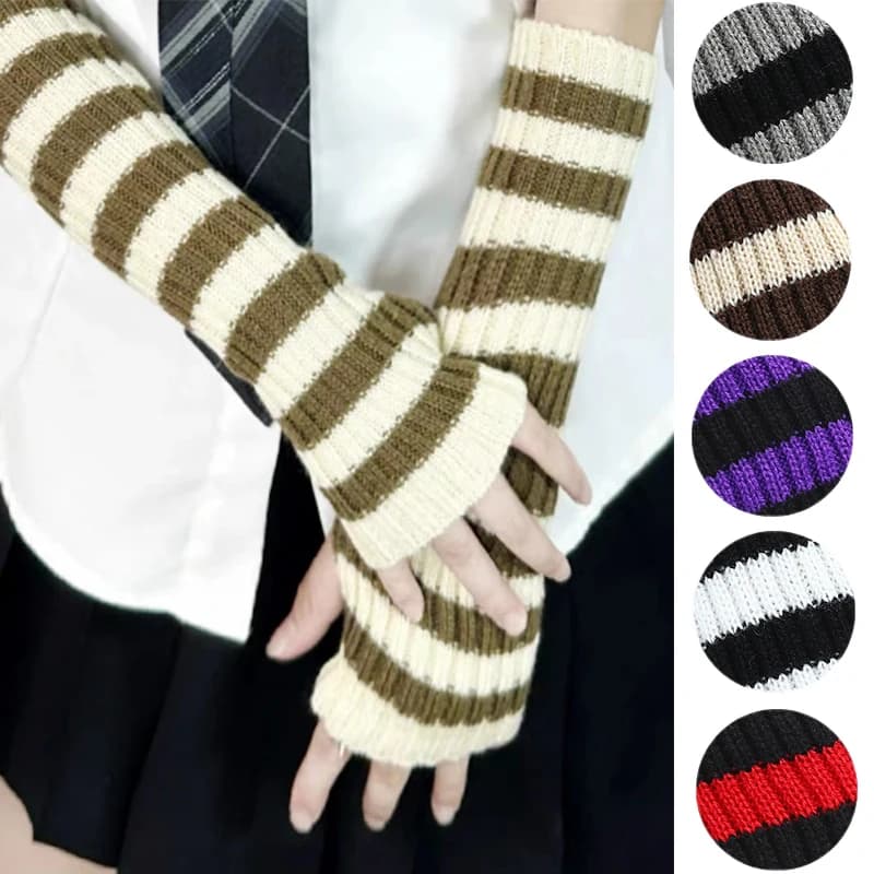Mangas de brazo sin dedos tejidas para mujer, calentadores de brazo largos de invierno a rayas de estilo gótico, guantes de muñeca de moda Harajuku Y2K para niñas