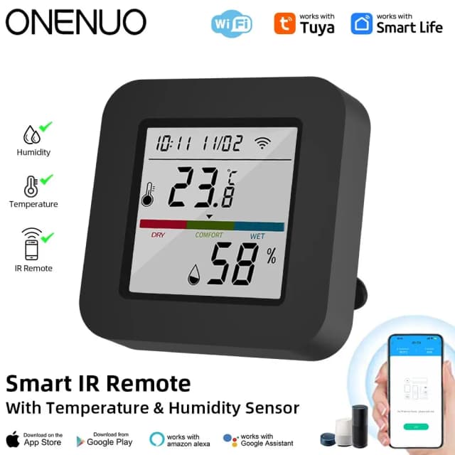ONENUO-Control remoto inteligente universal, dispositivo con Sensor de temperatura y humedad para TV, aire acondicionado, funciona con Alexa y Google, Tuya